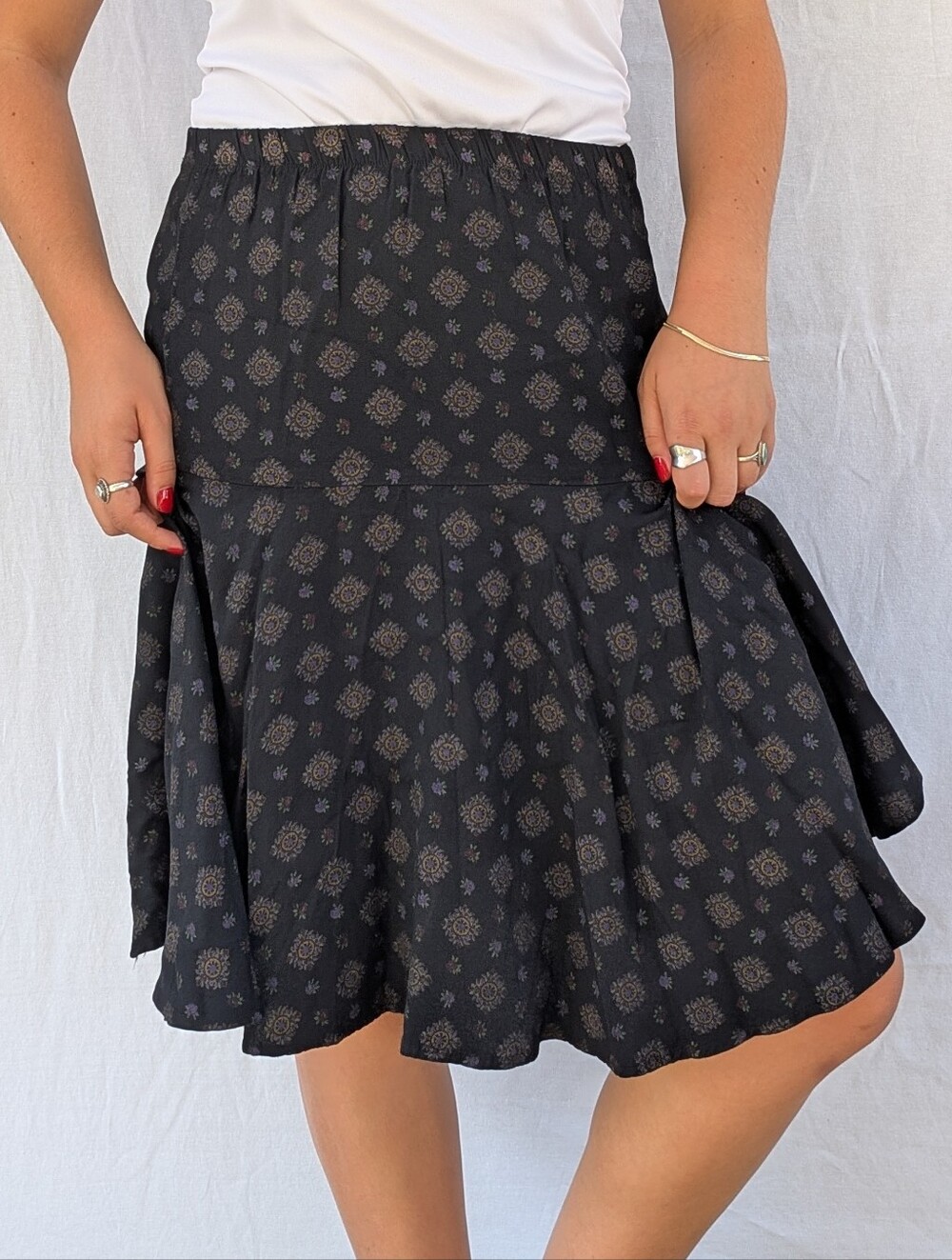 Women's Black Patterned Flared Skirt - Elegant Everyday Skater